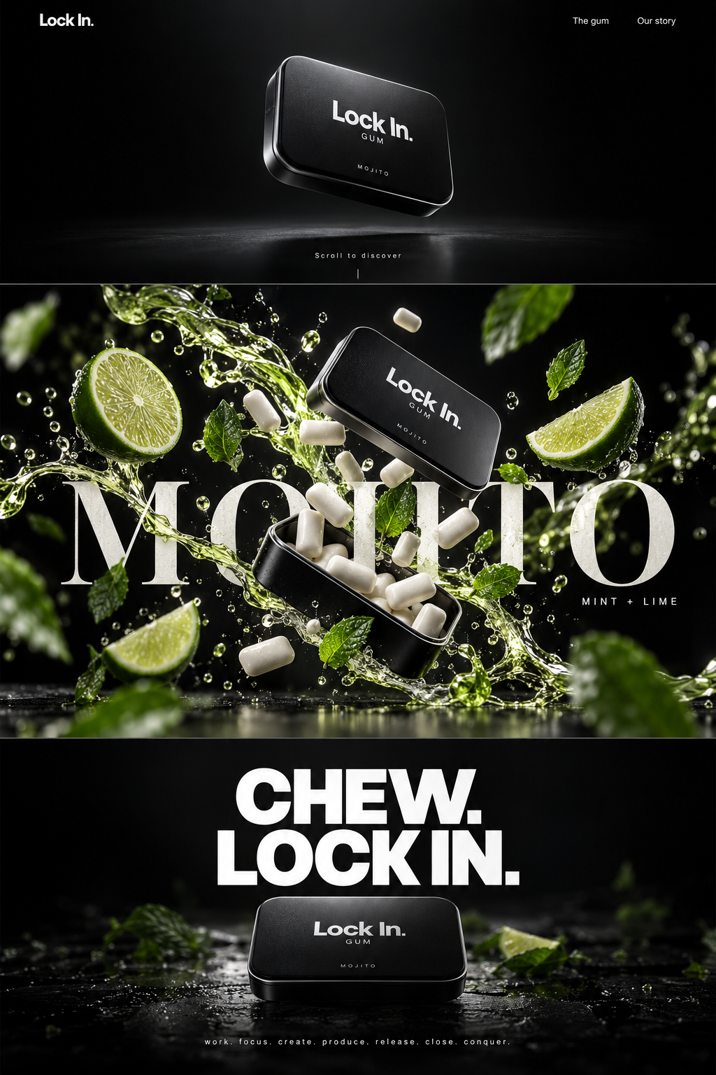 Lock In. Gum concept: black tin, mojito flavour burst and Chew. Lock In. statement.