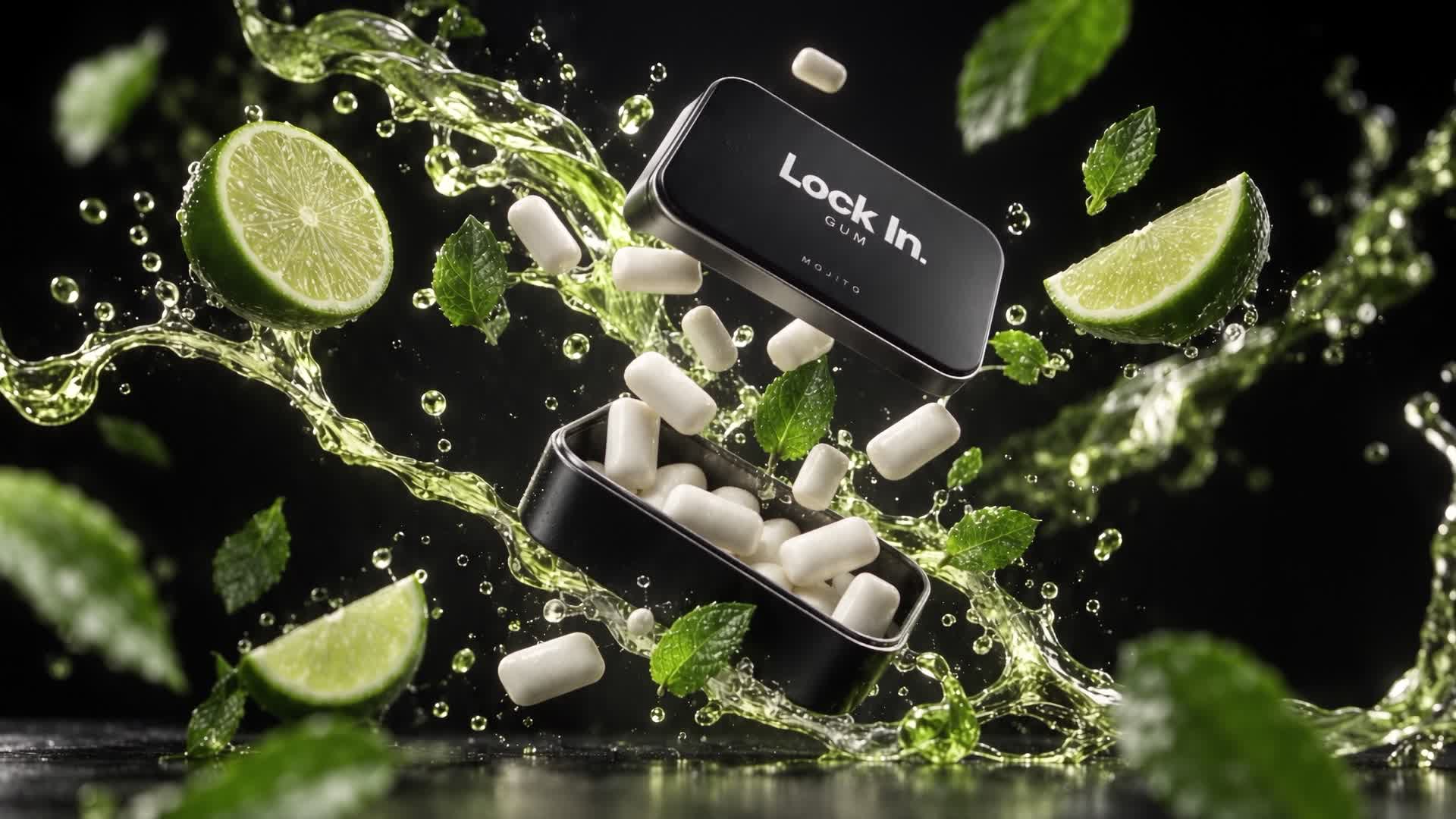Mojito concept: black Lock In. tin surrounded by lime, mint and a green liquid splash